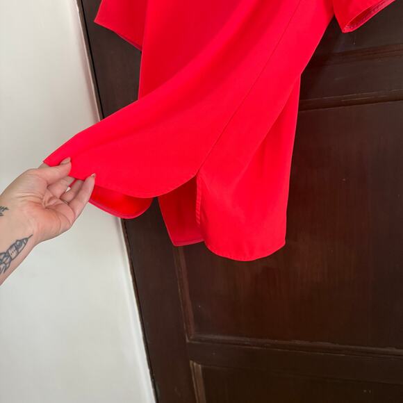 TRINA TURK | Hot Coral Split Neck Drop Hem Short Sleeve Top Neon | Size Small - Picture 4 of 8